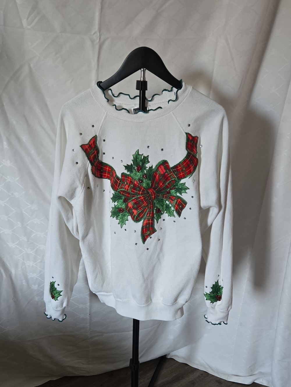 Vintage 90s Holiday Sweater Red Plaid Bow and Green Holly